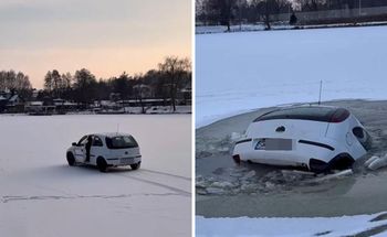 Jeździł autem po zamarzniętym stawie. Samochód utonął