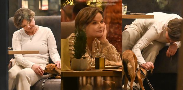 Skupiona Monika Richardson przysłuchuje się opowieściom syna w knajpie i bawi się z pieskiem. Słodki widok? (ZDJĘCIA)