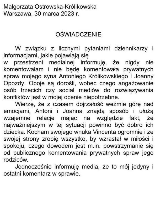 Małgorzata Ostrowska-Królikowska komentuje sprawę Antka
