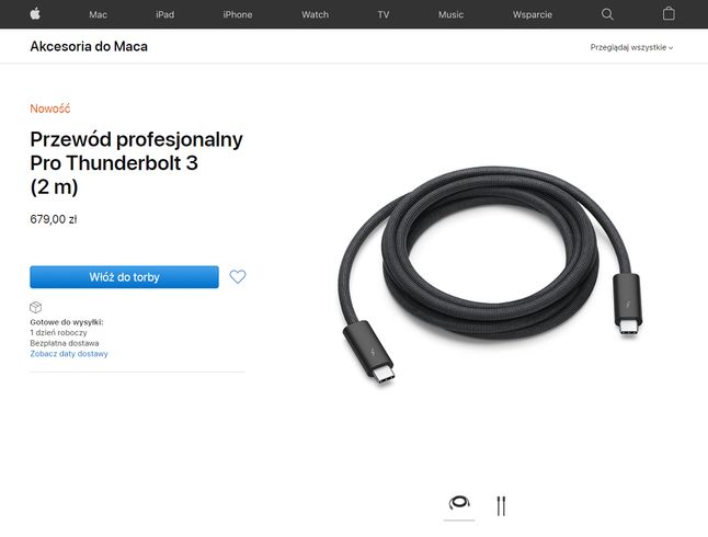 Apple sprzedaje 2-metrowy przewód Thunderbolt 3 za niecałe 680 złotych, źródło: Apple.
