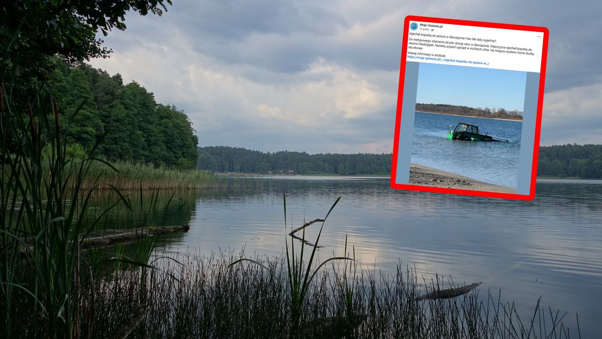 Koparka utknęła w jeziorze w Skorzęcinie (w tle zdj. poglądowe)