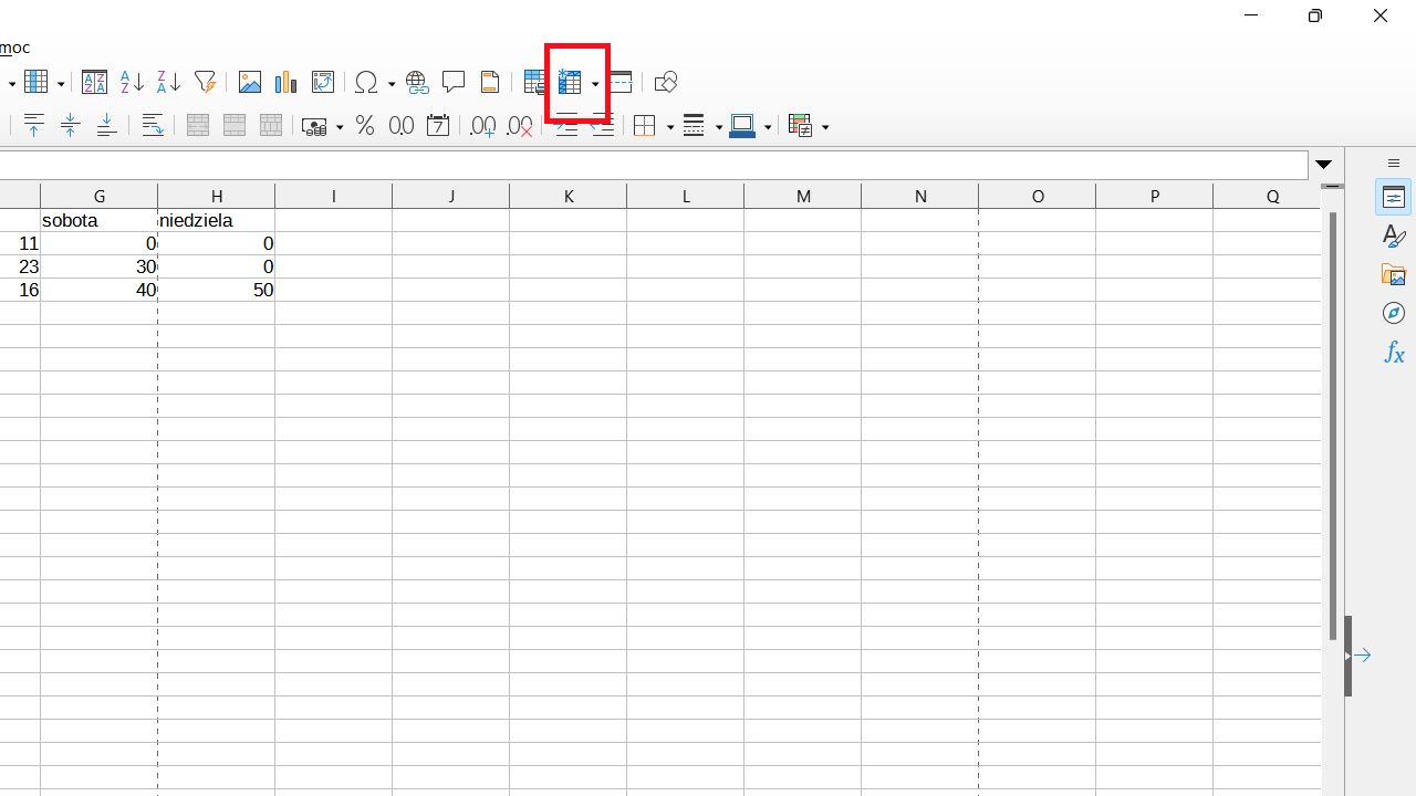 LibreOffice Calc: ikona w pasku narzędzi