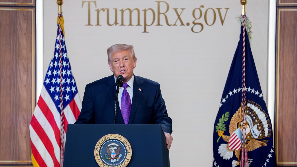 US President Donald Trump speaks in the South Court Auditorium of the Eisenhower Executive Office Building at the White House in Washington, DC, US, on Thursday, Feb. 5, 2026. Trump launched a new website to help Americans directly buy select medicines at a discount, seeking to counter cost-of-living concerns that pose a threat to his party in November's congressional elections. Photographer: Aaron Schwartz/CNP/Bloomberg via Getty Images