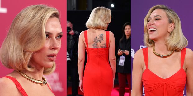 Odziana w czerwień Scarlett Johansson świeci gigantycznym TATUAŻEM na premierze w Londynie. Jest ogień? (ZDJĘCIA)