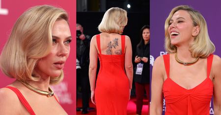 Odziana w czerwień Scarlett Johansson świeci gigantycznym TATUAŻEM na premierze w Londynie. Jest ogień? (ZDJĘCIA)