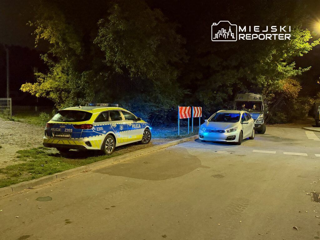 Policyjny radiowóz zaparkowany na poboczu drogi, obok białego samochodu osobowego, w nocy.