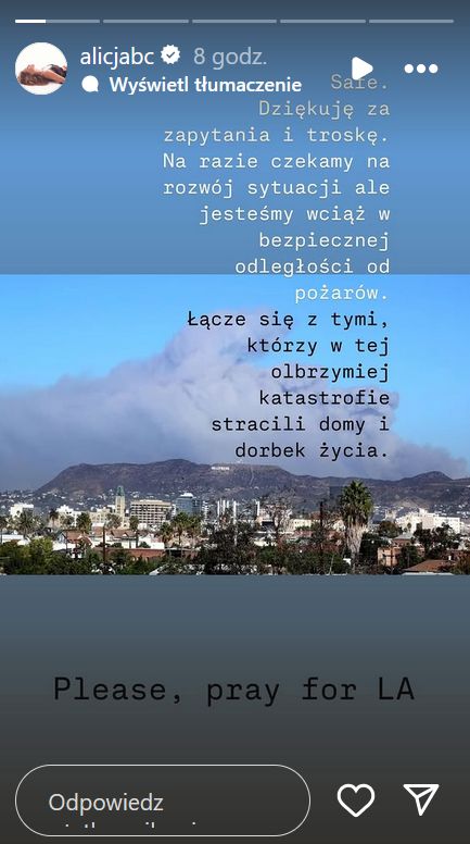 Alicja Bachleda Curuś o pożarach w Los Angeles
