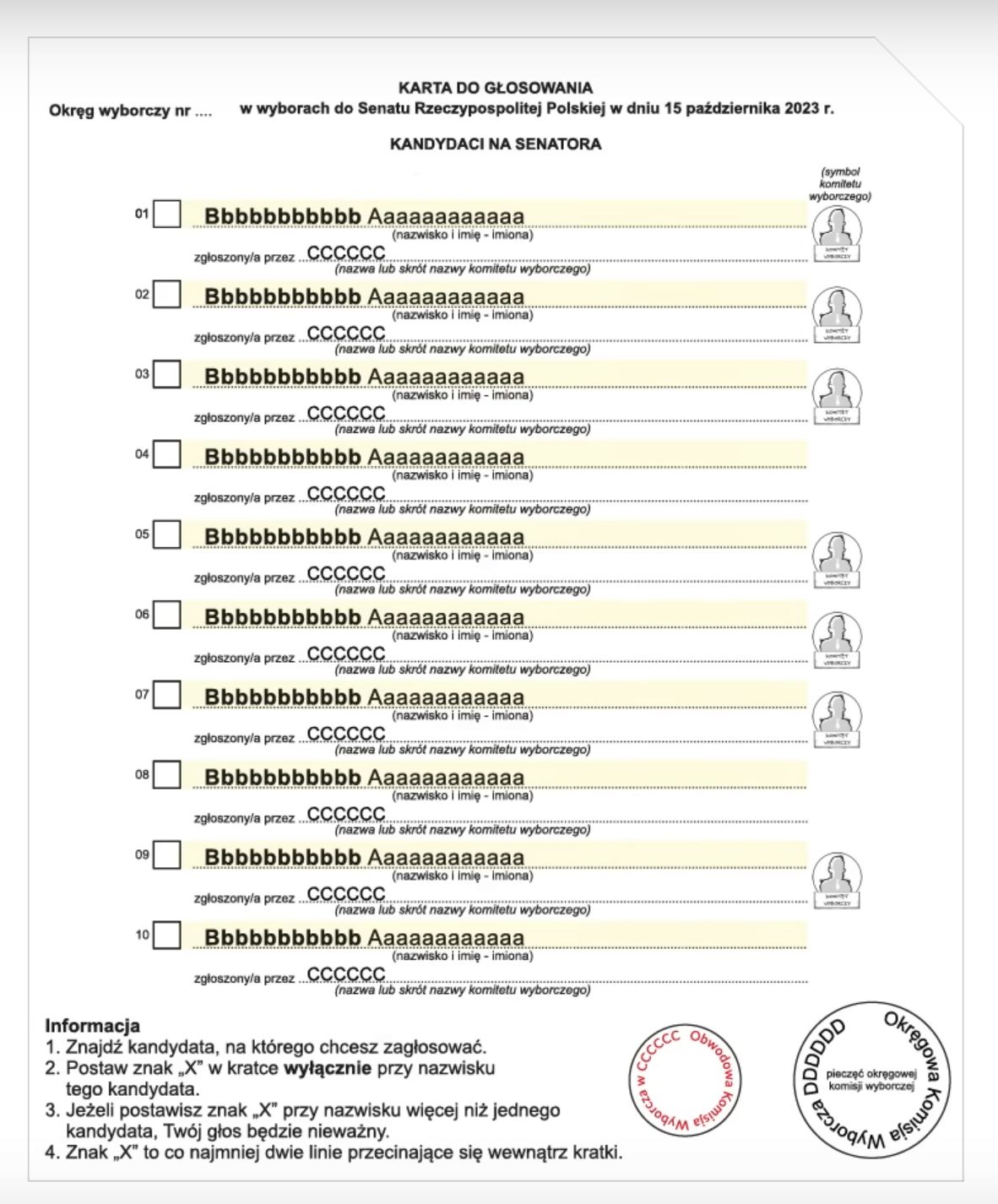 Tak wygląda wzór karty do głosowania w wyborach do Senatu