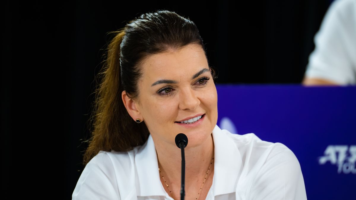 BRISBANE, AUSTRALIA - DECEMBER 28: Team captain Agnieszka Radwanska of Poland talks to the press on Media Day ahead of the United Cup at Pat Rafter Arena on December 28, 2022 in Brisbane, Australia (Photo by Robert Prange/Getty Images)