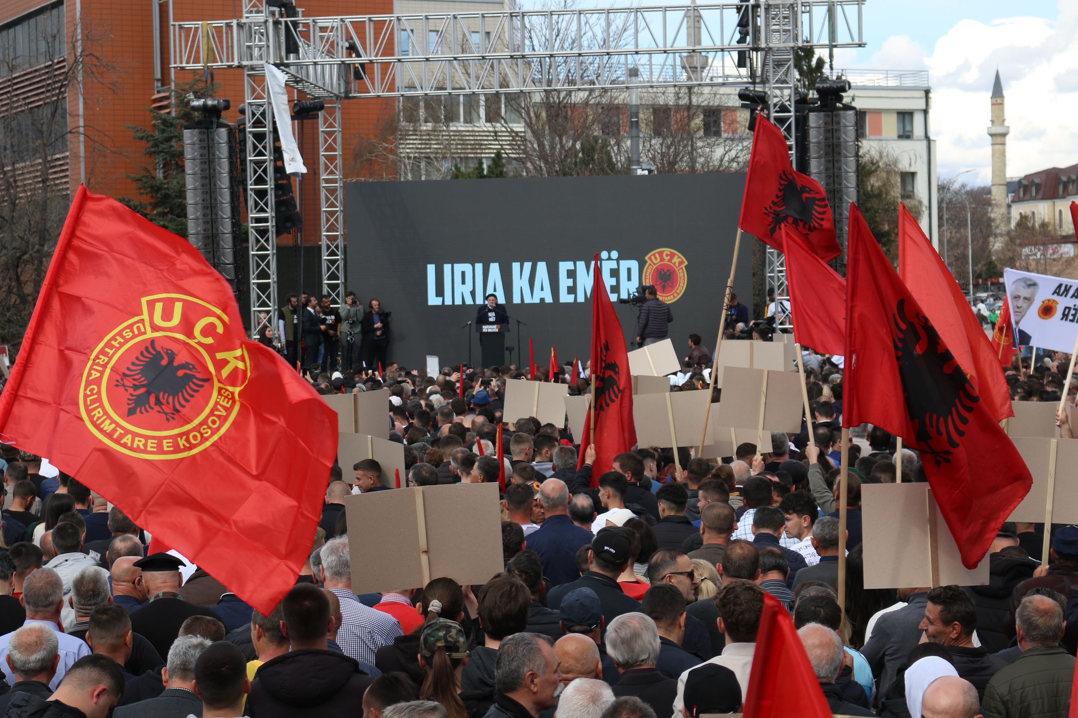 PRISTINA, KOSOVO - APRIL 02: People gather for a demonstration of support in Pristina, Kosovo organized by the âFreedom has a nameâ initiative for the former President of Kosovo, Hashim Thaci, who was imprisoned in The Hague, Netherlands, on April 02, 2023. (Photo by Erkin Keci/Anadolu Agency via Getty Images)