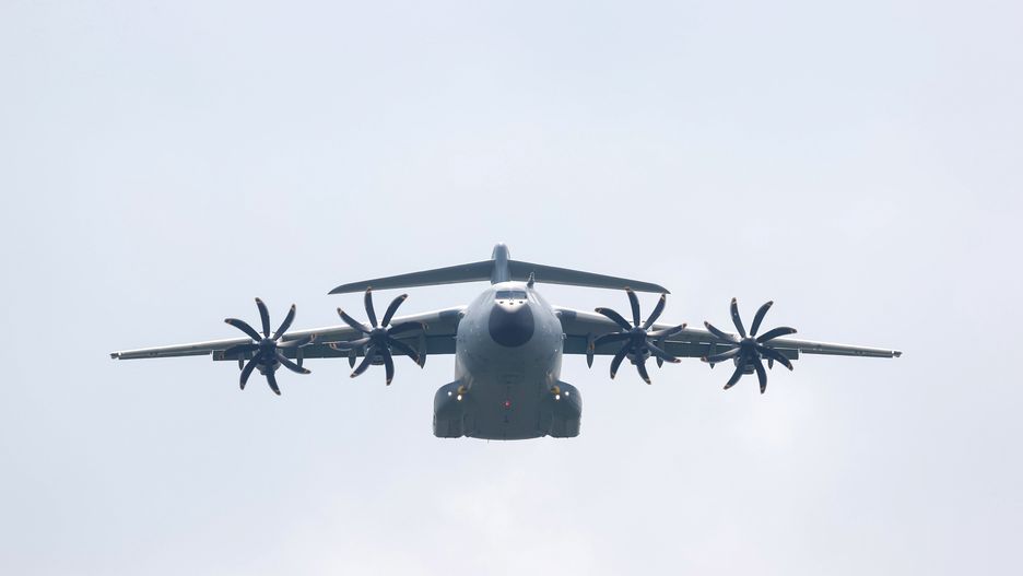 COLCHESTER, ENGLAND - JULY 13: An RAF Airbus A400M Atlas does a flyover at Merville Barracks on July 13, 2021 in Colchester, England. The new Regimental Colours replace those presented to the battalions in Aldershot in 1998. Colours are blessed on presentation and have a mystical significance to infantry regiments in the British Army. Since being appointed as Colonel in Chief of The Parachute Regiment in 1977, HRH regularly visits the Regiment and takes personal interest in supporting bereaved families and the wounded. (Photo by Chris Jackson/Getty Images)