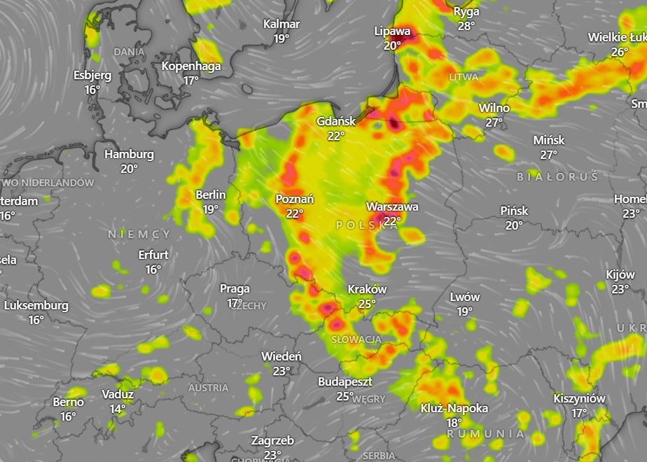 Prognoza możliwości wystąpienia burz w czwartek o godzinie 14