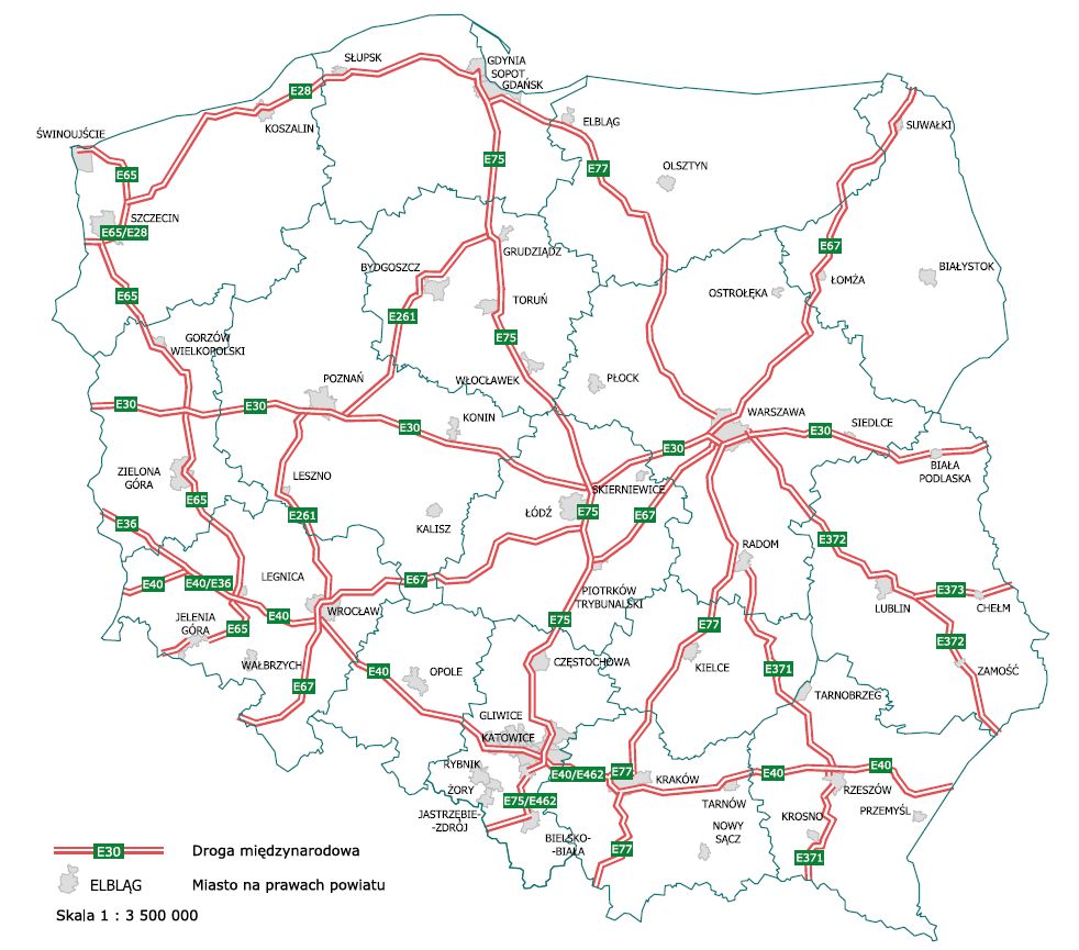 Mapa międzynarodowych dróg w Polsce