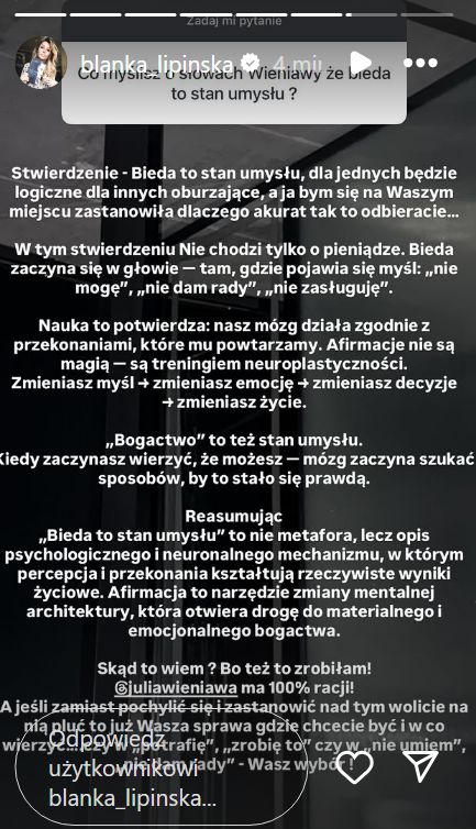 Blanka Lipińska o słowach Julii Wieniawy