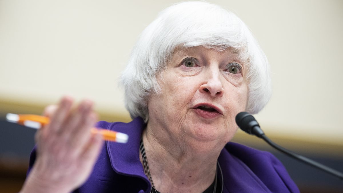 UNITED STATES - APRIL 6: Secretary of the Treasury Janet Yellen testifies during the House Financial Services Committee hearing titled "The State of the International Financial System, in Rayburn Building on Wednesday, April 6, 2022. (Tom Williams/CQ-Roll Call, Inc via Getty Images)