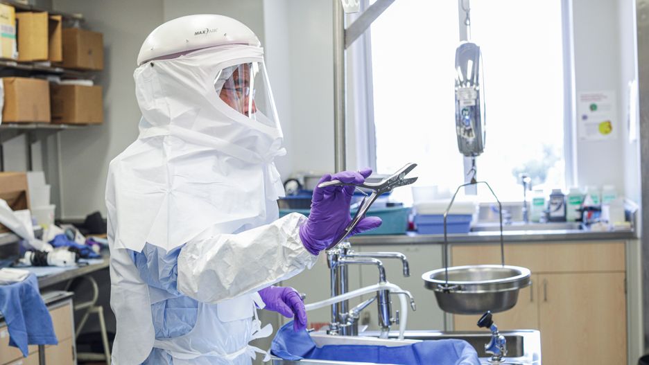 Instruments are prepared at the high-containment Covid autopsy suite inside the Clinical Center at the National Institute of Health in Bethesda, Maryland, US, on Thursday, Sept. 22, 2022. Scientists track mutants from one manhole cover to the next, while others scan patients' bodies for signs of hidden infections. Photographer: Valerie Plesch/Bloomberg via Getty Images