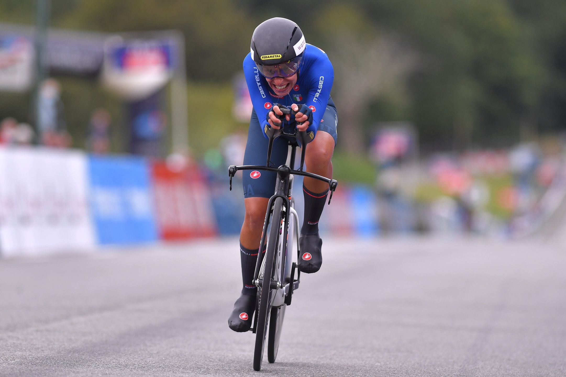PLOUAY, FRANCE - AUGUST 24: Arrival / Vittoria Bussi of Italy / during the 26th UEC Road European Championships 2020 - Women's Elite Individual Time Trial a 25,6km race from Plouay to Plouay / ITT / @UEC_cycling / #EuroRoad20 / on August 24, 2020 in Plouay, France. (Photo by Luc Claessen/Getty Images)