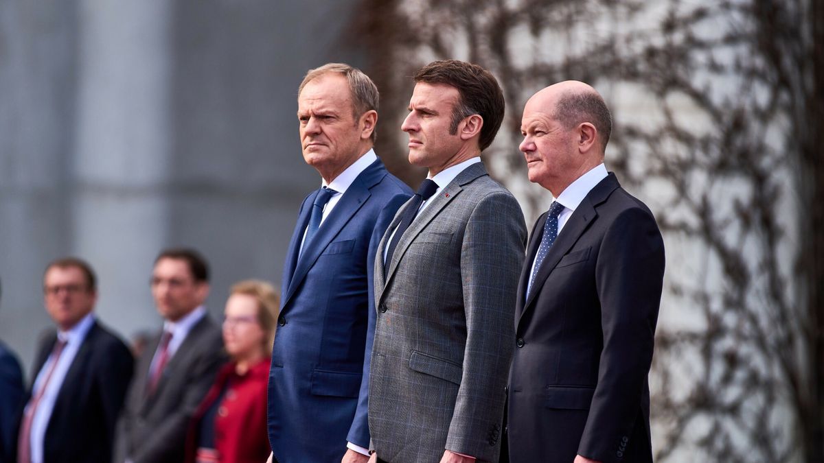 Liderzy kluczowych gospodarek UE: premier Polski Donald Tusk, prezydent Francji Emmanuel Macron oraz kanclerz Niemiec Olaf Scholz