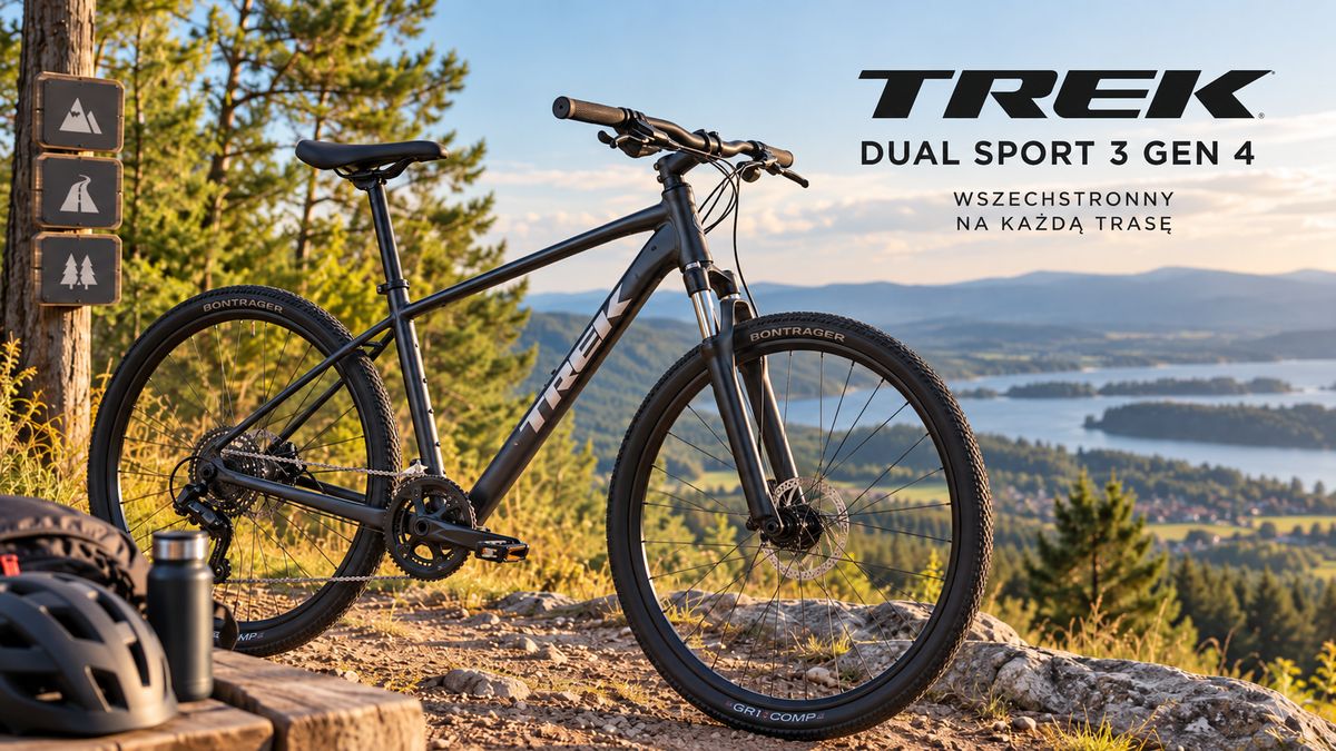 Graficzna ilustracja roweru crossowego na tle mapy świata z napisem Rower crossowy Trek Dual Sport