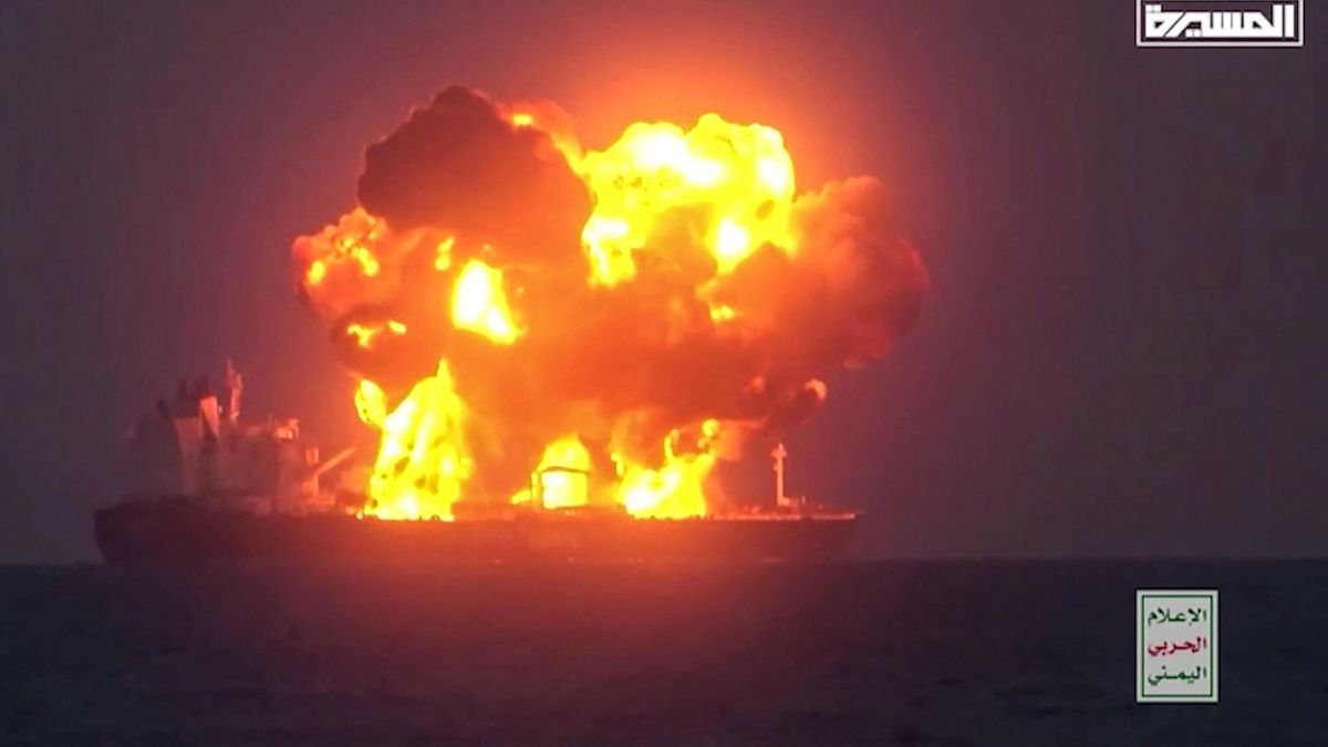 Temporary
This image grab from a video released on August 23, 2024 by Yemen's Huthi Ansarullah Media Centre, shows what they say is the Greek-owned oil tanker Sounion which they reportedly hit by three projectiles on August 21, 2023. The ship, owned by the Greek shipping company Delta Tankers, had lost engine power and was anchored in the Red Sea between Eritrea and Yemen following a strike by the Huthis, which caused a brief fire onboard and damaged the engine compartment. (Photo by ANSARULLAH MEDIA CENTRE / AFP) / === RESTRICTED TO EDITORIAL USE - MANDATORY CREDIT "AFP PHOTO / HO / Ansarullah Media Centre" - NO MARKETING - NO ADVERTISING CAMPAIGNS - DISTRIBUTED AS A SERVICE TO CLIENTS ===
-