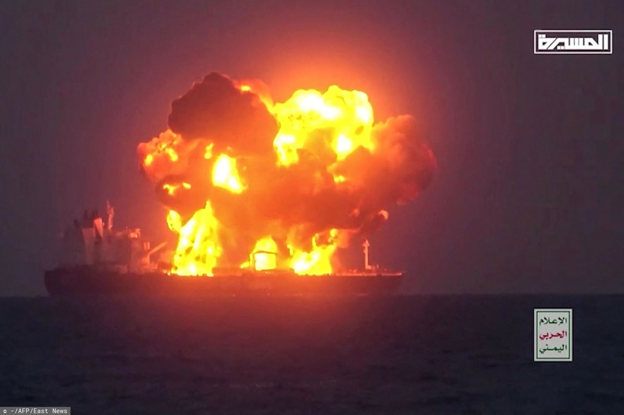 A Greek tanker, Sounion, is burning after being shelled by Houthi fighters.