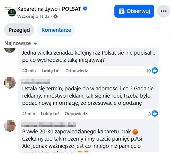 Krytyczne komentarze pod postem Telewizji Polsat
