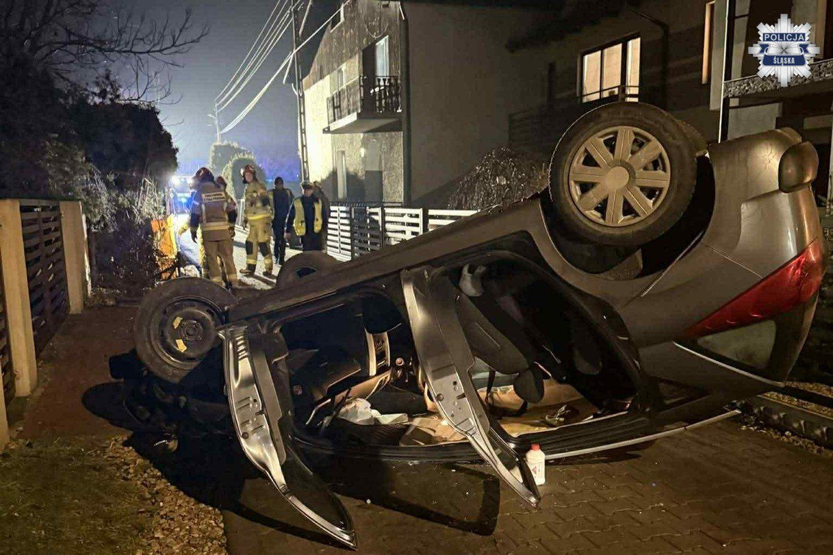 Dachowanie w Blachowni i ucieczka kierowcy. Tropiący pies "Wafel" doprowadził policjantów prosto do ukrywającego się 22-latka