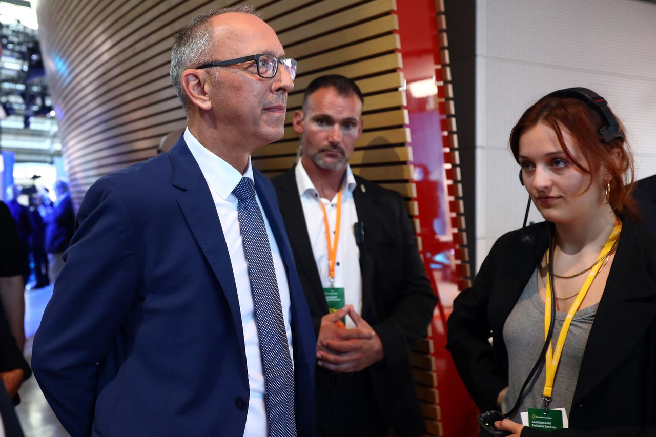 DRESDEN, GERMANY - SEPTEMBER 01: Joerg Urban (L), lead candidate of the far-right Alternative for Germany (AfD) in the state of Saxony waits to enter the TV studio following the announcement of the initial results in Saxony state elections on September 1, 2024 in Dresden, Germany.  Initial results show the far-right Alternative for Germany finishing in first place, at 30.5%, ahead of the German Christian Democrats (CDU) with 24.5% and the Sahra Wagenknecht Alliance (BSW) with 16%. State elections took place today in both Thuringia and Saxony. (Michele Tantussi/Getty Images)