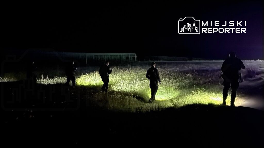 Grupa funkcjonariuszy patroluje teren w nocy, używając latarek do oświetlenia okolicy. W tle widoczne są wysokie trawy. Akcja ma na celu zapewnienie bezpieczeństwa oraz monitorowanie sytuacji w danym rejonie. Obraz ilustruje pracę służb mundurowych w trudnych warunkach.