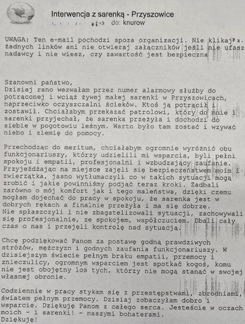 Kobieta, która zawiadomiła policjantów, przesłała list z podziękowaniami za pomoc 
