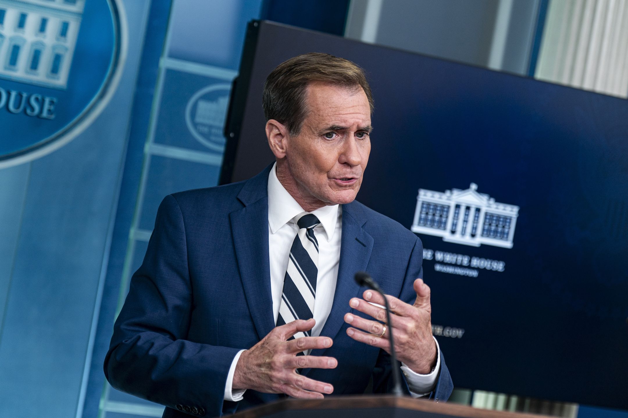 John Kirby, White House national security communications advisor, speaks during a news conference in the James S. Brady Press Briefing Room at the White House in Washington, DC, US, on Friday, May 17, 2024. The Biden administration is quadrupling US tariffs on electric vehicles manufactured in China. Photographer: Al Drago/Bloomberg via Getty Images