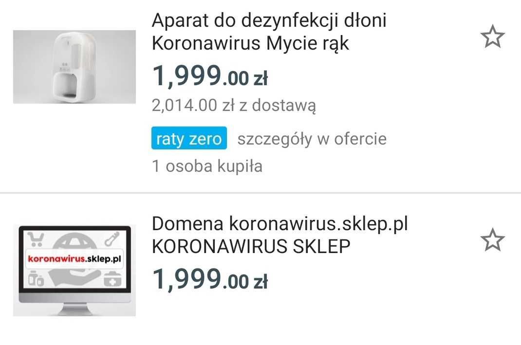 Koronawirus to nośne hasło pod kątem SEO – na zrzucie przykładowe oferty z Allegro.