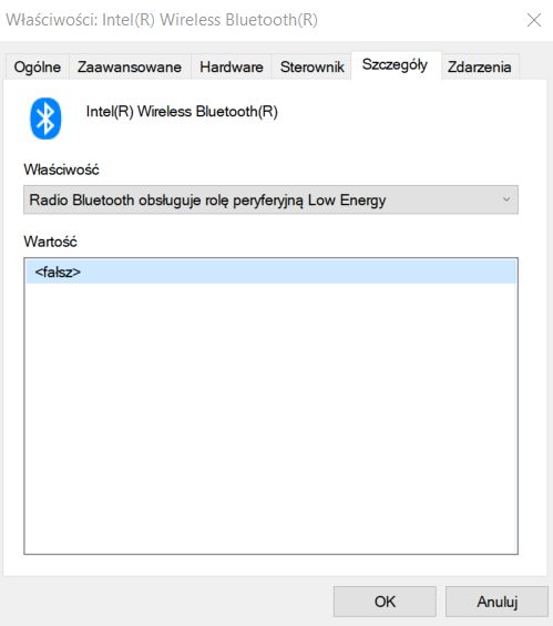 Właściwości karty Bluetooth w Windows 10 i w tym przypadku brak obsługi właściwego trybu pracy.