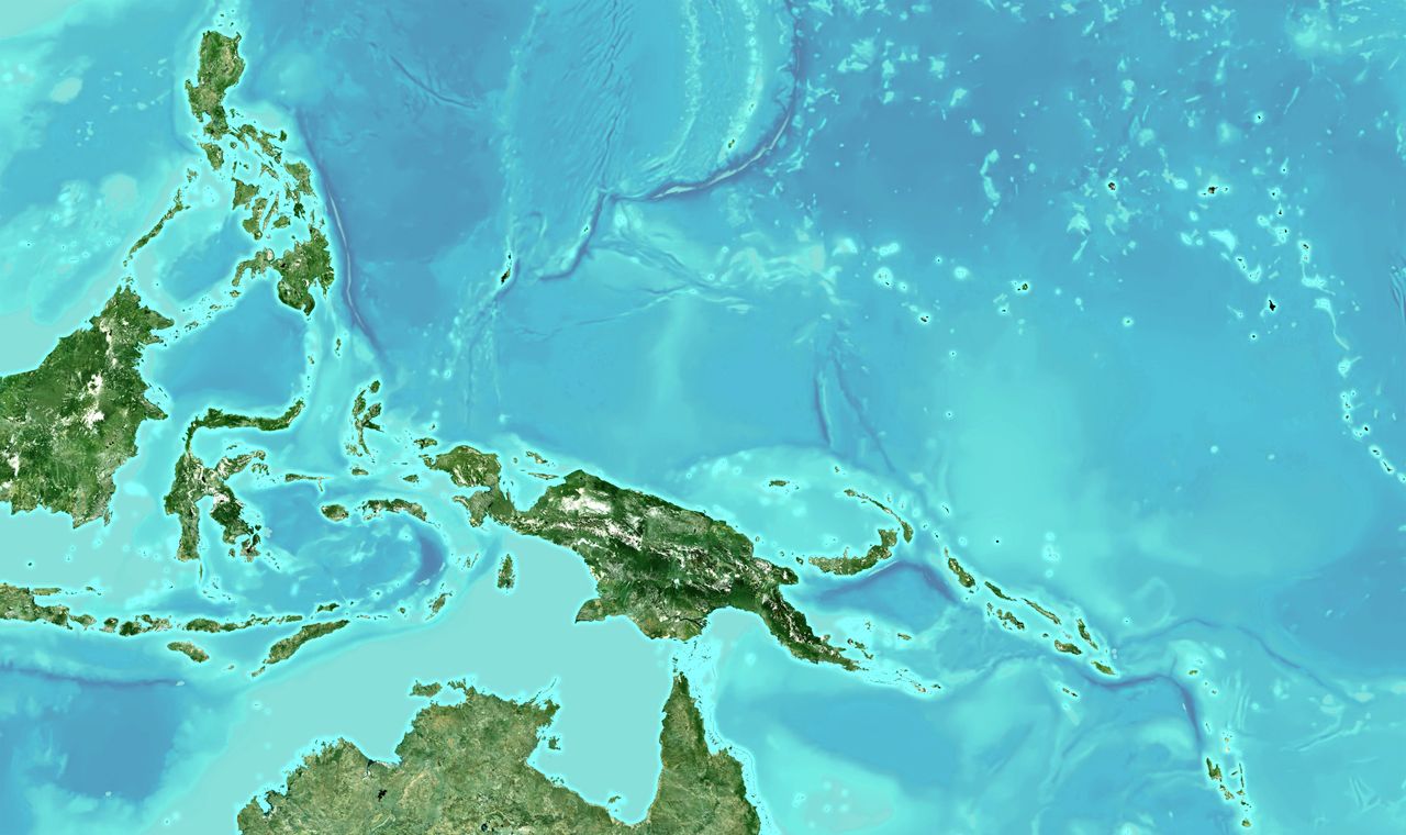 SOUTH PACIFIC OCEAN, FEBRUARY 21, 2024: This is an overview Landsat satellite image with ocean bathometry of the South Pacific region including Papua and Papua New Guinea.   (Photo processed and enhanced by maps4media via Getty Images)