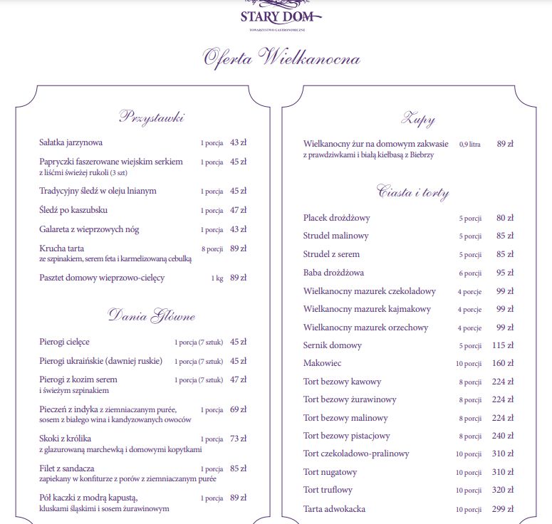 Menu wielkanocne w restauracji "Stary Dom". 