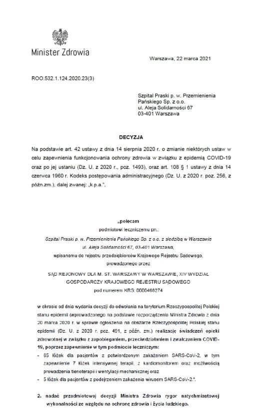 Warszawa. Minister zadecydował o zmianie charakteru działalności Szpitala Praskiego pod wezwaniem Przemienienia Pańskiego. Teraz 65 łóżek musi czekać na pacjentów z koronawirusem