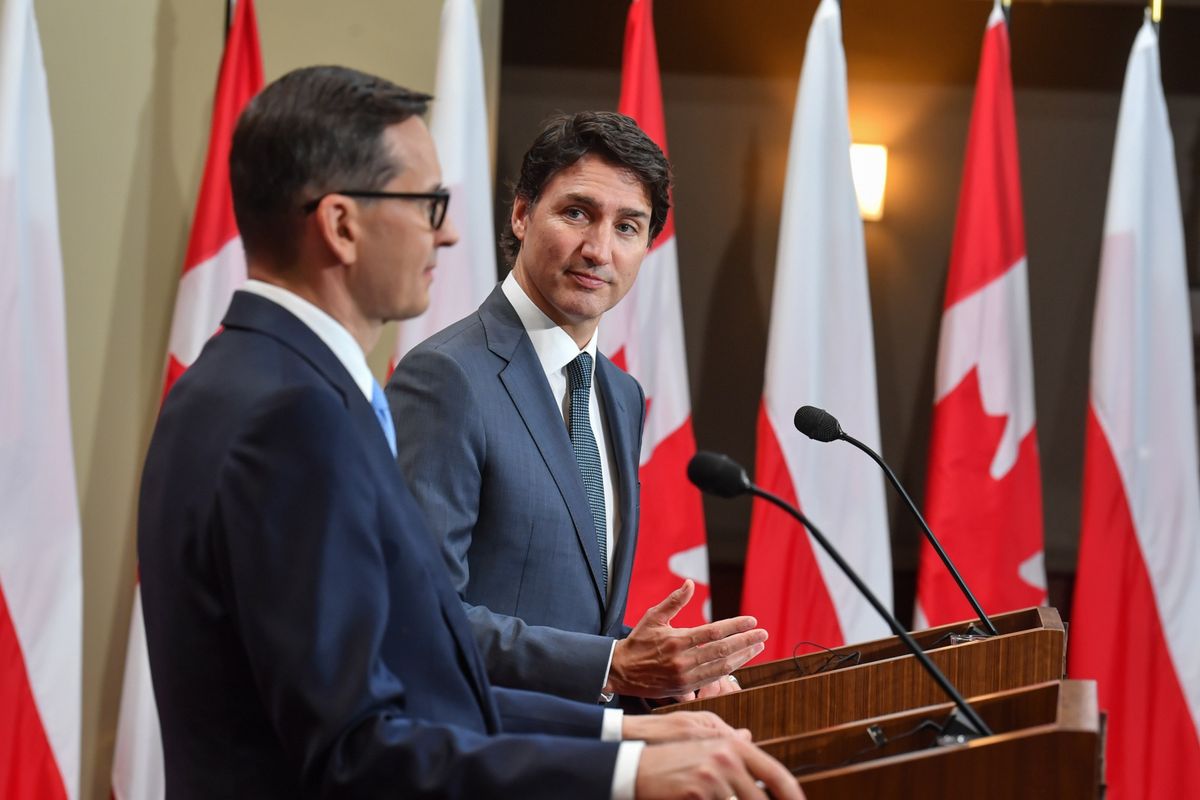 Mateusz Morawiecki i Justin Trudeau podczas konferencji prasowej