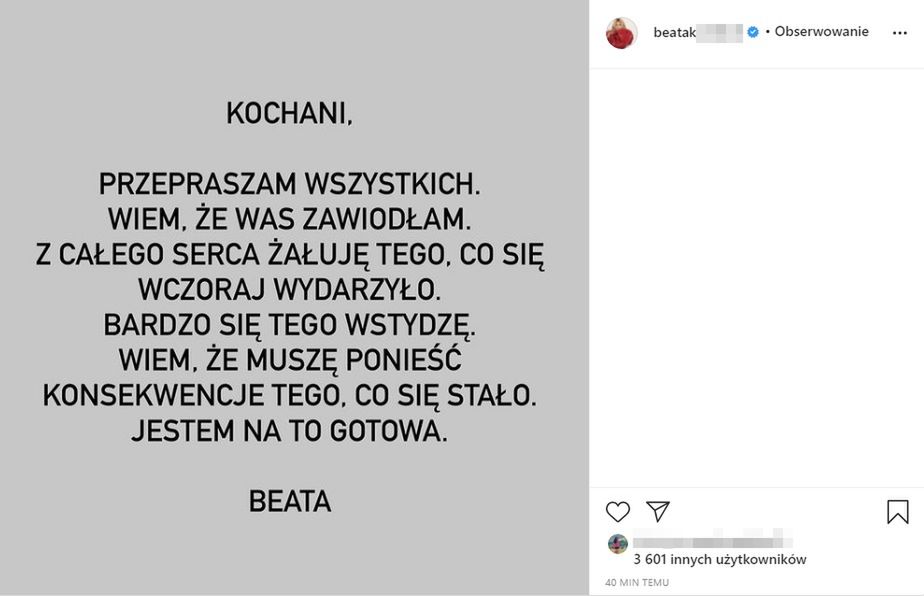 Beata K. została zatrzymana przez policję za jazdę pod wpływem alkoholu. Teraz przeprasza