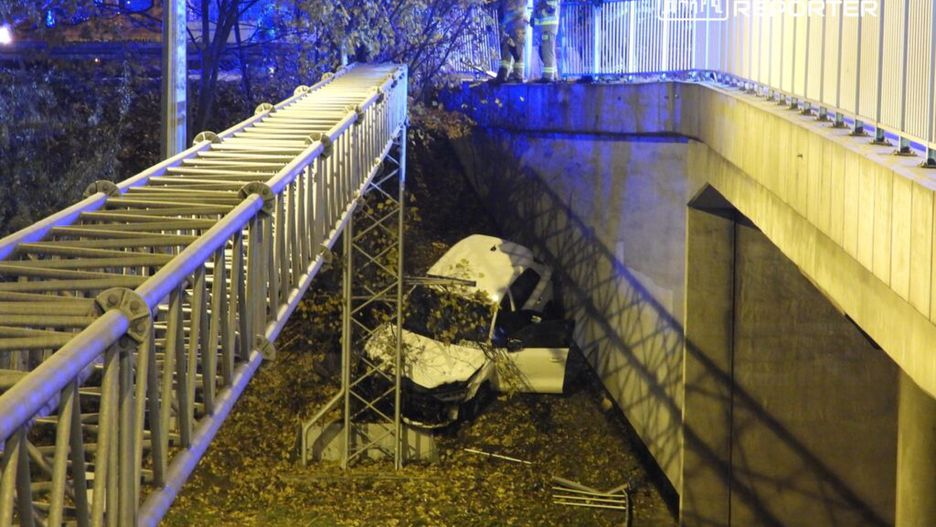 Strażacy pracują przy wypadku drogowym, gdzie samochód wpadł w zarośla pod mostem, otoczony przez niebieskie światła.