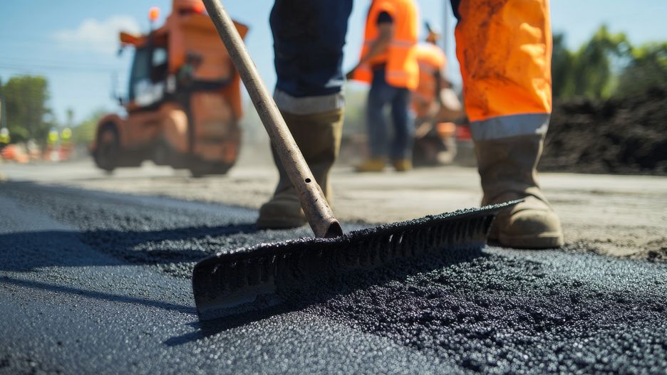 road, construction, worker, leveling, asphalt, rake, highway, project, precision, teamwork, professional, paving, infrastructure, development, visuals, spreads, smooths