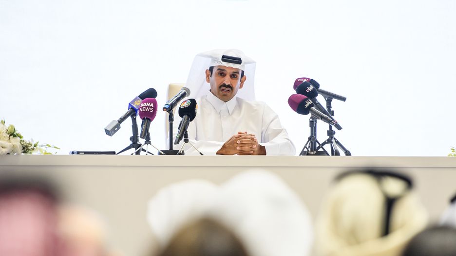 Qatar's Energy Minister and CEO of QatarEnergy, Saad Sherida al-Kaabi, is speaking during a press conference at QatarEnergy headquarters in Doha, Qatar, on February 25, 2024. He is announcing a new LNG expansion project, the ''North Field West'' project, which aims to increase the State of Qatar's LNG production capacity to 142 million tons per annum (MTPA) before the end of this decade, representing an increase of almost 85% from current production levels. (Photo by Noushad Thekkayil/NurPhoto via Getty Images)
