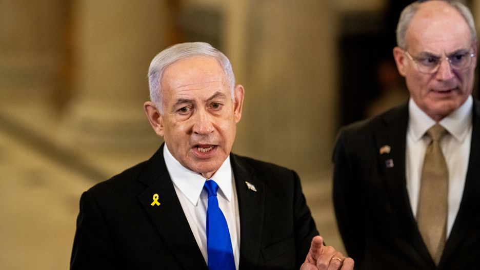 Benjamin Netanyahu, Israel's prime minister, speaks to members of the media following a meeting with US House Speaker Mike Johnson, a Republican from Louisiana, not pictured, at the US Capitol in Washington, DC, US, on Tuesday, July 8, 2025. Netanyahu on Monday told President Donald Trump he nominated him for the Nobel Peace Prize, using a visit to the White House to further cement the pair's relationship as the US presses for a ceasefire in Gaza. Photographer: Graeme Sloan/Bloomberg via Getty Images
