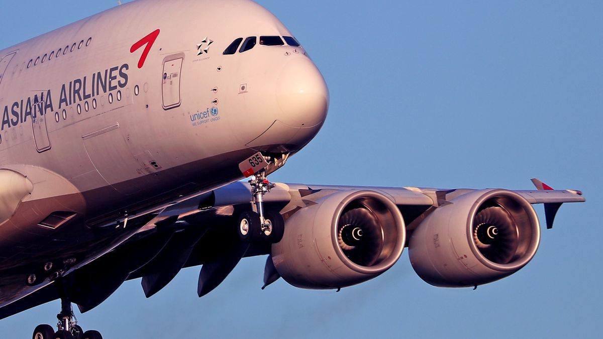 The Korean company Asiana Airlines expands its operations between Seoul and Barcelona with the arrival at El Prat airport of the Airbus A380 to replace the A350. In the photo, the arrival of an Airbus A380-841 in Barcelona, Spain, on September 14, 2024. (Photo by Joan Valls/Urbanandsport /NurPhoto via Getty Images)