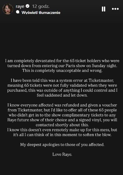 Raye przeprasza fanów