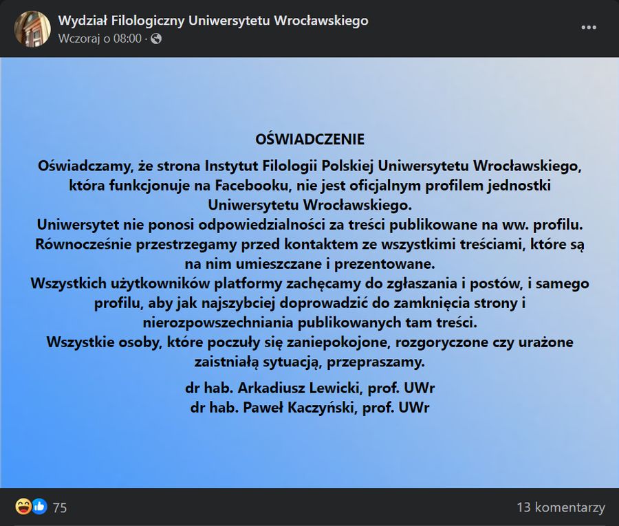 Oświadczenie Wydziału Filologicznego Uniwersytetu Wrocławskiego