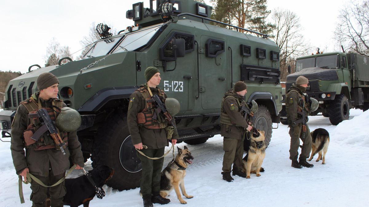 Ukrainian National Guard exercise epa09746533 A handout photo made available by the National Guard press service shows the servicemen of the National Guard of Ukraine take part in tactical and special exercises within the command-staff exercises in a village near Shostka, northern Ukraine, 09 February 2022 (issued on 11 February 2022). The military command-staff exercises Zametil'-2022 (Snowstorm-2022) on the management of groups of troops during hostilities is started in Ukraine and will be held on locations of different regions of Ukraine along one month.  EPA/OLEKSANDER YESMANCHUK HANDOUT HANDOUT HANDOUT EDITORIAL USE ONLY/NO SALES Dostawca: PAP/EPA.OLEKSANDER YESMANCHUK HANDOUT