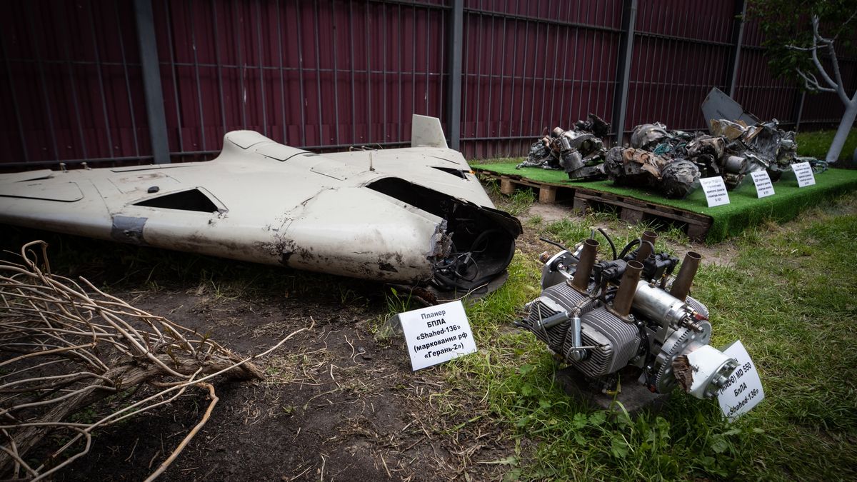 KYIV, UKRAINE – MAY 12: Remain of Shahed 136 at an exhibition showing remains of missiles and drones that Russia used to attack Kyiv on May 12, 2023 in Kyiv,  Ukraine. Fragments of various types of weapons are currently being studied at the Kyiv Scientific Research Institute of Forensic Expertise. The institute submits the results to the International Criminal Court. Separate groups of foreign specialists work here together with Ukrainian experts. (Photo by Oleksii Samsonov /Global Images Ukraine via Getty Images)
