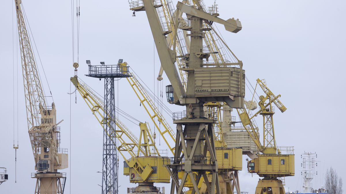 SZCZECIN, POLAND - FEBRUARY 02: Cranes stand in the commercial port on February 02, 2024 in Szczecin, Poland. Szczecin is among the biggest ports on the Baltic Sea. (Photo by Sean Gallup/Getty Images)