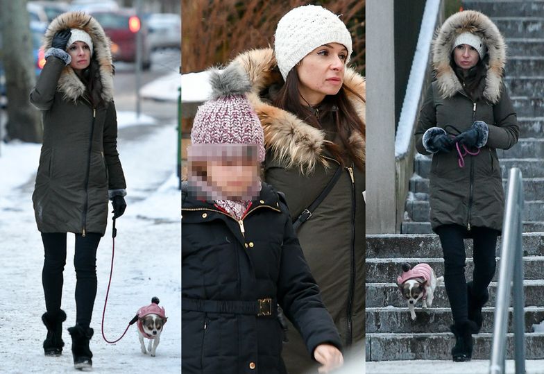 Opatulona Marta Kaczyńska odprowadza córkę do domu i wyprowadza psa na spacer