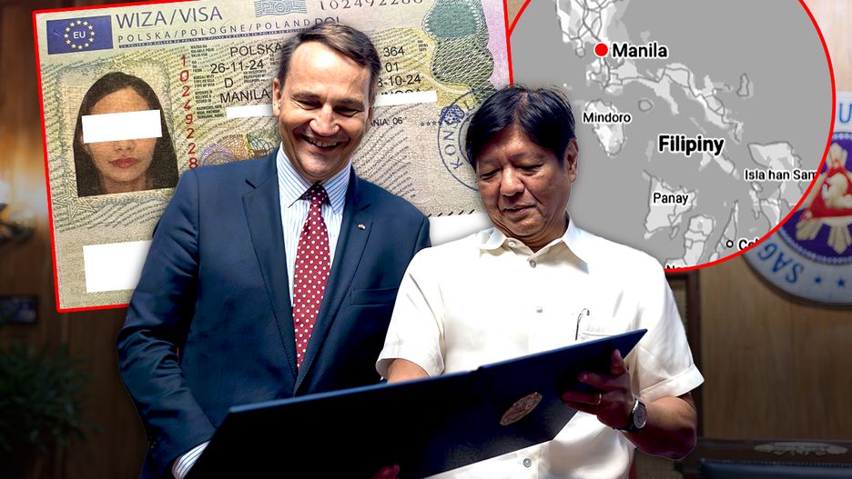 Szef MSZ Radosław Sikorski  na Filipinach. W tle polska wiza